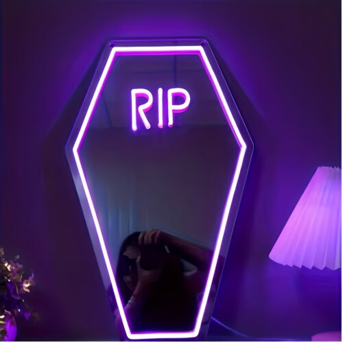 (Purple) Gothic Coffin-Shaped Neon Wall Mirror - 1pc, USB Powered, Glass Surface, Horizontal, Irregular Decorative Art Style