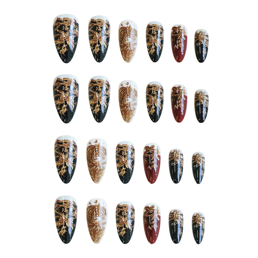Reach-Tools 24Pcs Almond Fake Nails Black Red Gold Foil Party Wedding