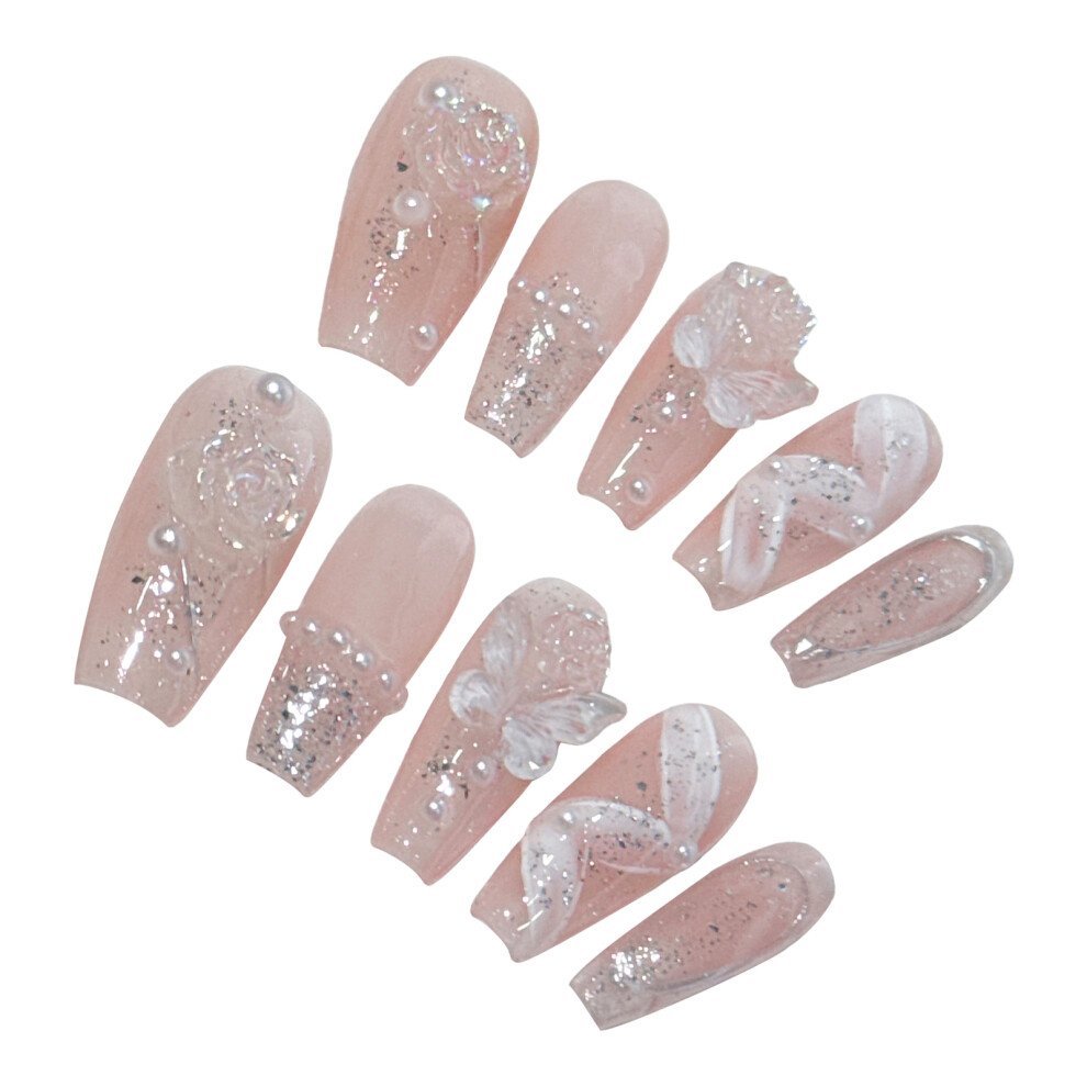 Bright-Home (L) 10Pcs French Glossy Flower Press On Nails Comfortable & Zero Pressure On Nail Bed For Shopping Traveling Dating