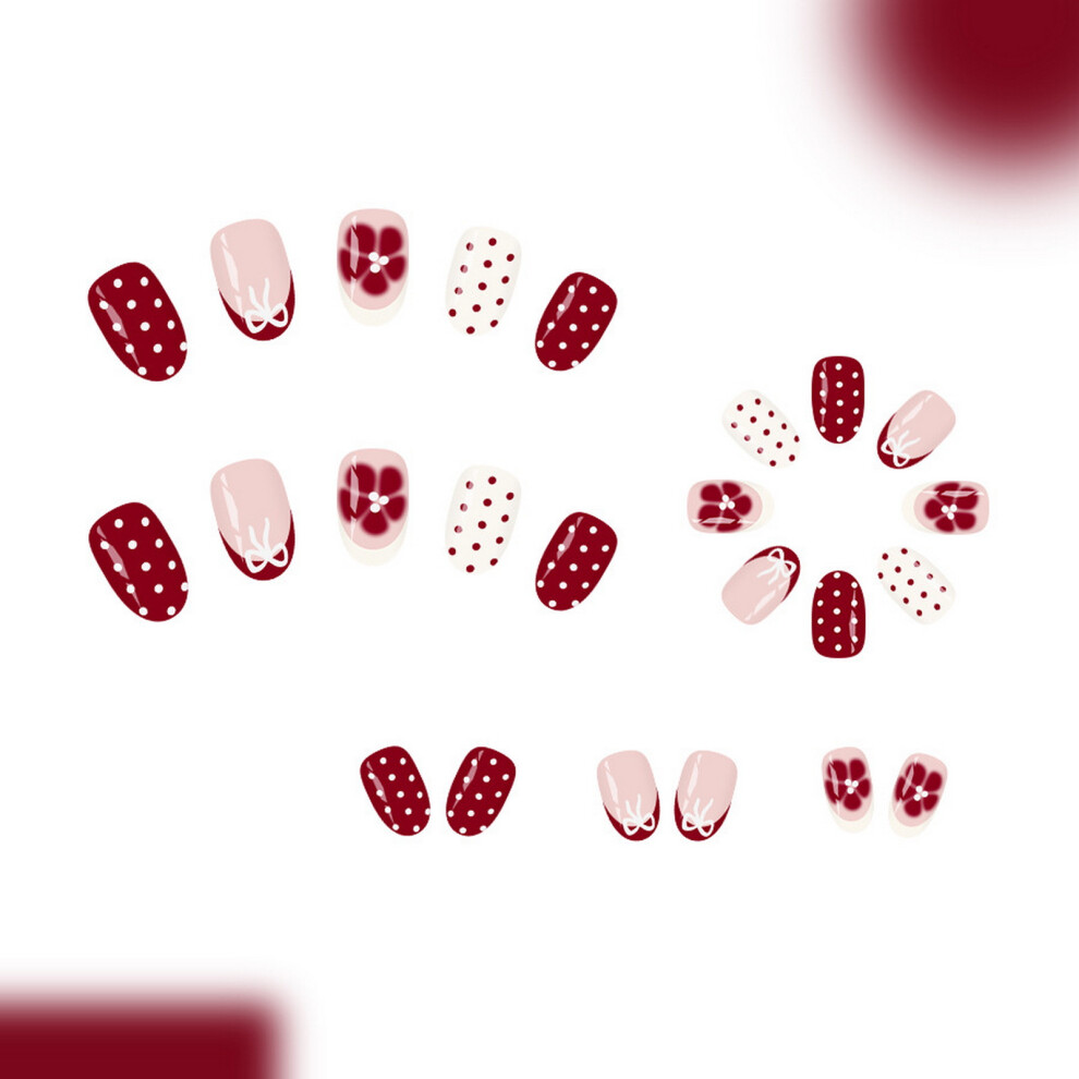 Reach-Tools 24Pcs French Wine Red Polka Dot Press-On Nails