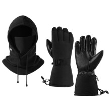 (Black Black, L) Ski Gloves & Hat Set - Thermal Windproof for Snow Sports