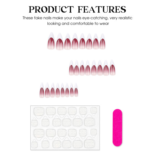Fake Nails Red Natural Unbreakable Long Pointed 1