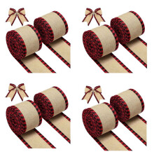 8X Plaid Wired Ribbons Christmas Burlap Fabric Ribbon Wrapping Ribbon Rolls with Checkered Red