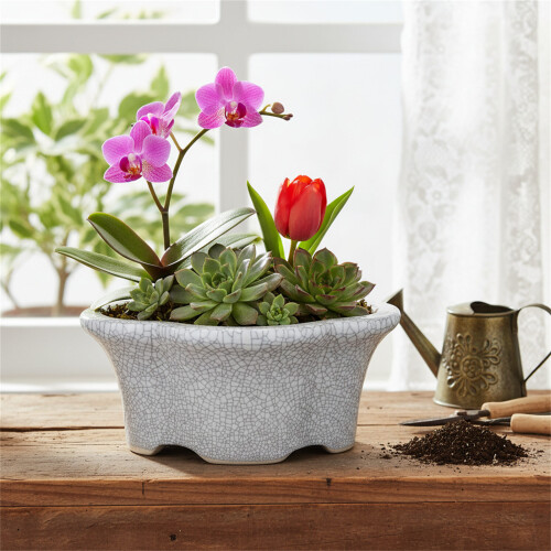 (05) White Ceramic Planter with Drainage Hole