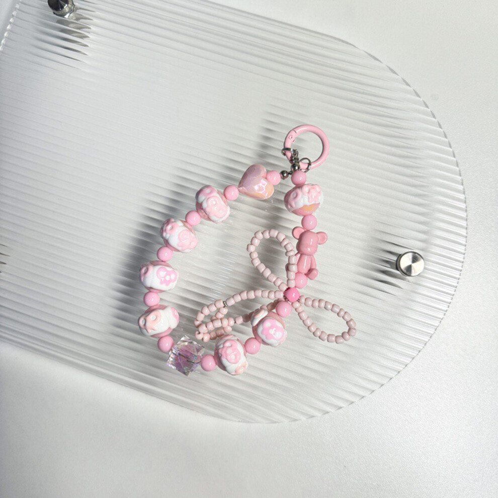 (Pink) Beaded Phone Lanyard With Bowknot - 50 Char Pink 6265976190559