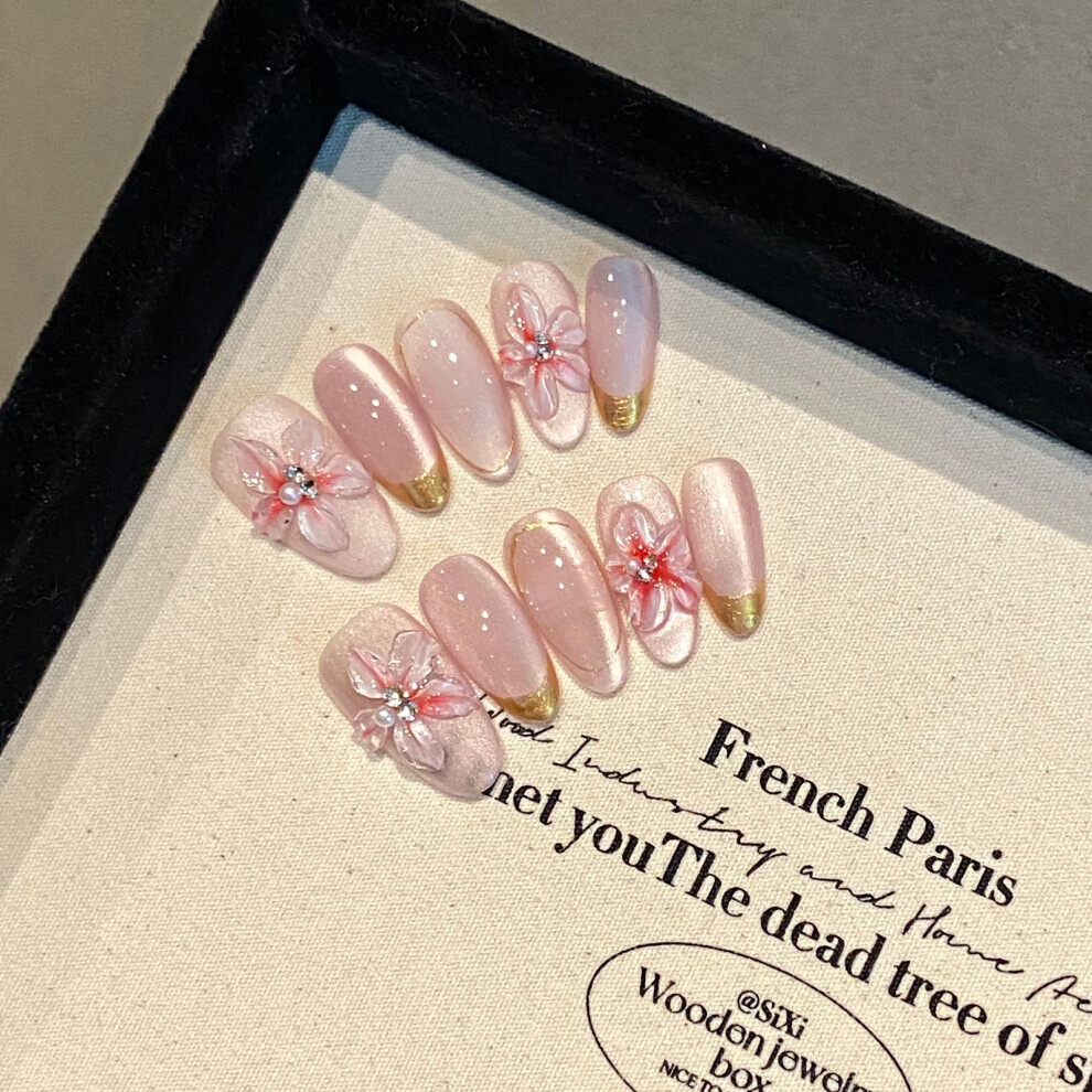 Bright-Home (Xs) Pink Cat Eyes Fake Nails With Gold Edge Charming Comfortable To Wear Manicure Nails For Shopping Traveling Dating