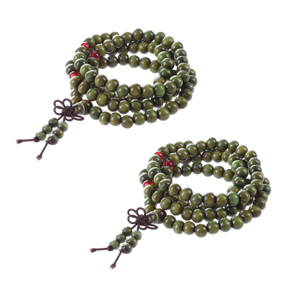 2X Olive Sandalwood Beads Buddha Buddhist Mala Stretch Necklace Rosary 29 Inch Green 4711573736352