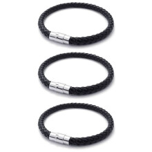 3X Schmuck Armband, LEDer Edelstahl, Geflochten Echtleder Armreif, Fuer Herren Damen, Schwarz - Breite 6mm - Laenge 19cm