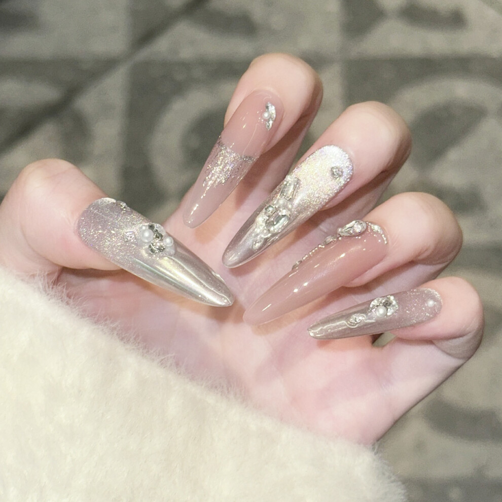 Dachuang Beauty (S) 10Pcs Nude Press On Nails With Zircon Stones