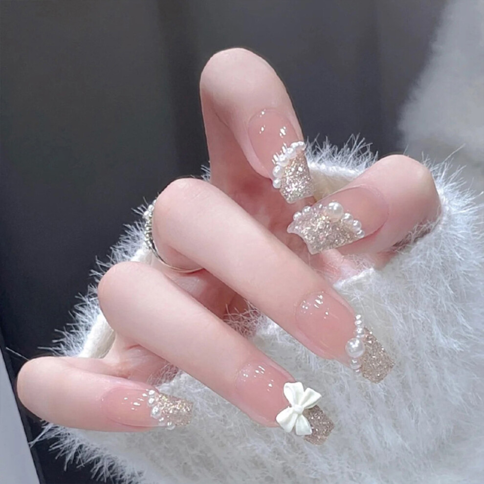 Zhouq-Outdoors (Jelly Glue Model) Sparkly Square False Nails With Bow & Glue Kit