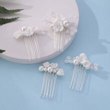 (Silver) Pearl Ceramic Flower Bridal Hair Comb Set