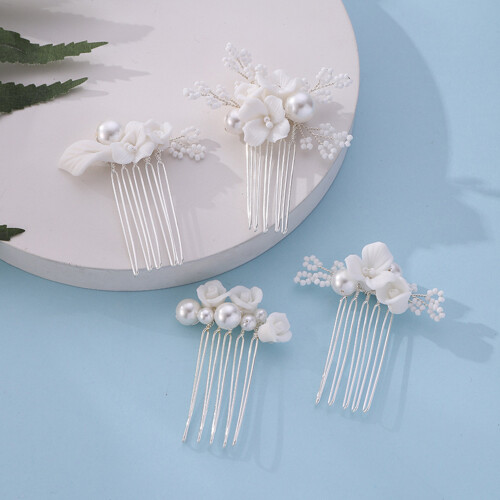(Silver) Pearl Ceramic Flower Bridal Hair Comb Set