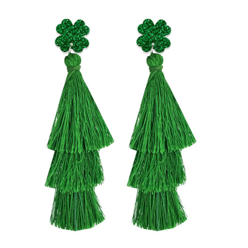 (2) St. Patrick\'s Green Tassel Earrings, 4-Leaf Clover Design