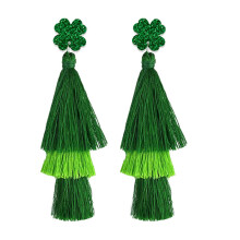 (4) St. Patrick\'s Green Tassel Earrings, 4-Leaf Clover Design