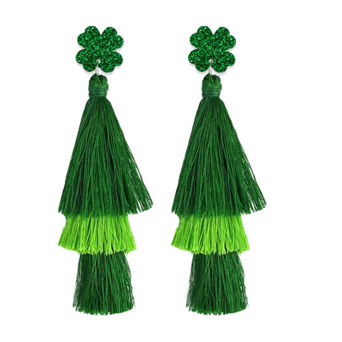 (4) St. Patrick\'s Green Tassel Earrings, 4-Leaf Clover Design
