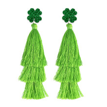 (1) St. Patrick\'s Green Tassel Earrings, 4-Leaf Clover Design
