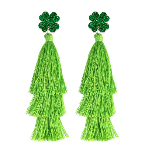 (1) St. Patrick\'s Green Tassel Earrings, 4-Leaf Clover Design