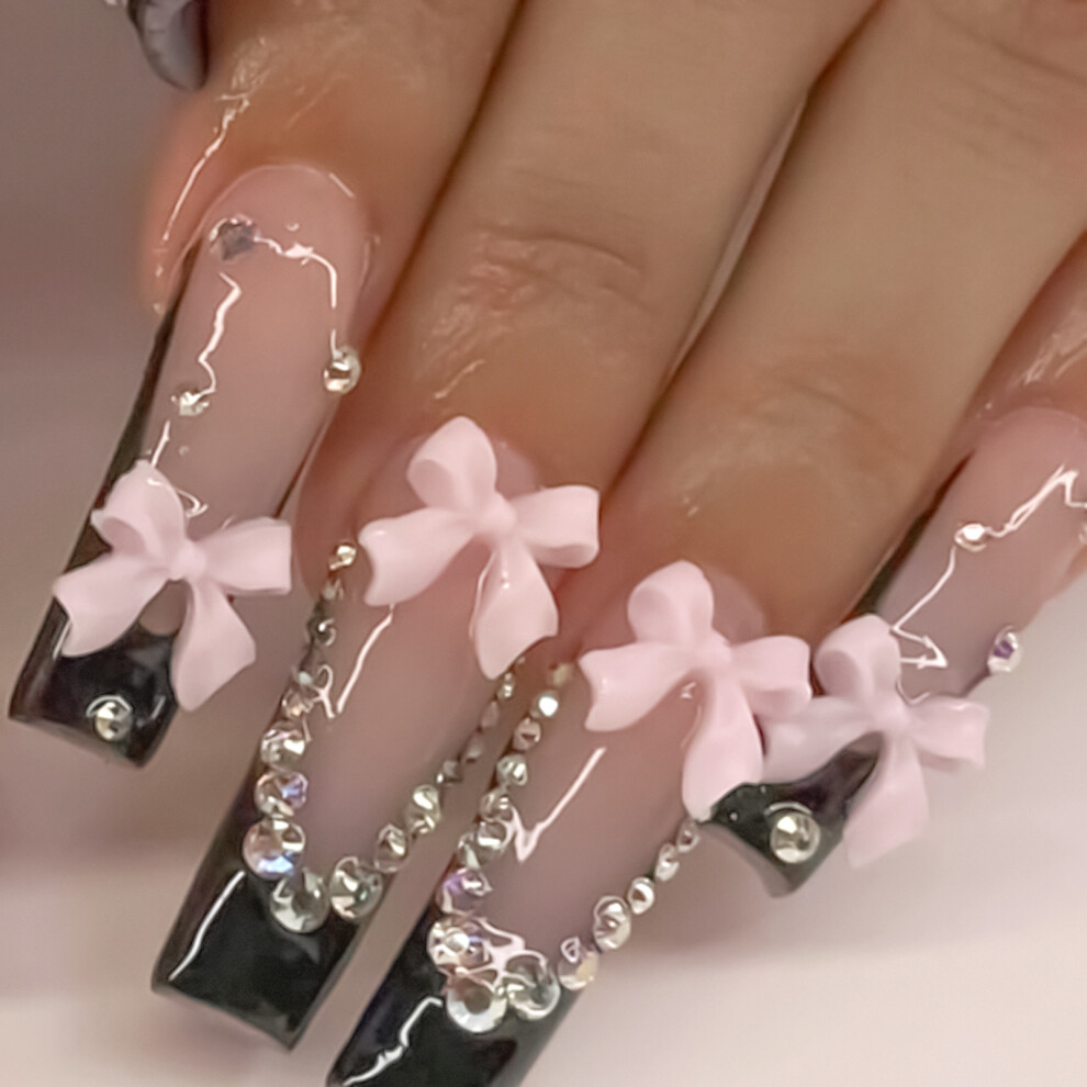 Phui-Pet-Supplies 3D Rhinestone Flower Nail Tips 24Pcs Pink French Ab