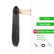 (Natural black 50cm-clip) Straight Clip Ponytail Wig for Girls