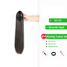 (Brown black 40cm-clip) Straight Clip Ponytail Wig for Girls