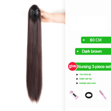 (Dark brown 60cm-clip) Straight Clip Ponytail Wig for Girls