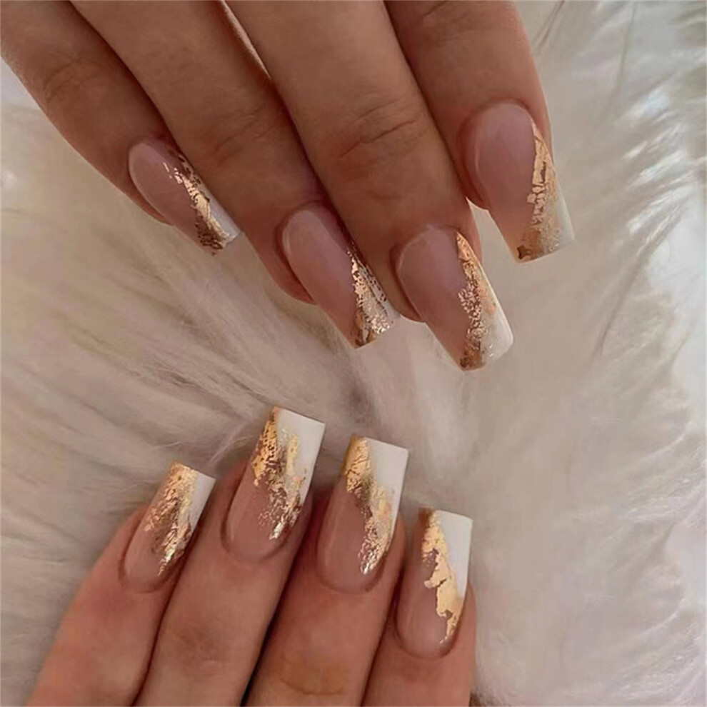 Zhouq-Outdoors 24Pcs Gold Foil False Nails, Elegant For Weddings