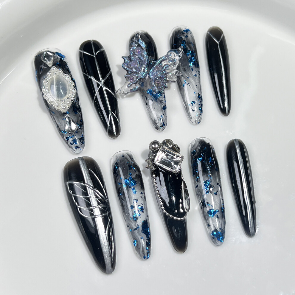 Hue-Grain (Xs) Sequin Fake Nails - 50Pcs Black & Clear Salon Nails
