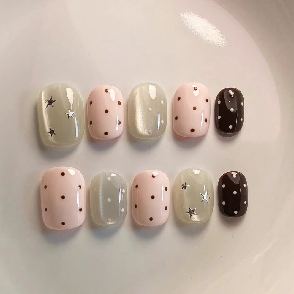 Dachuang Beauty (M) 10Pcs Polka Dot Press-On Nails Short Square Cat Eye Kit