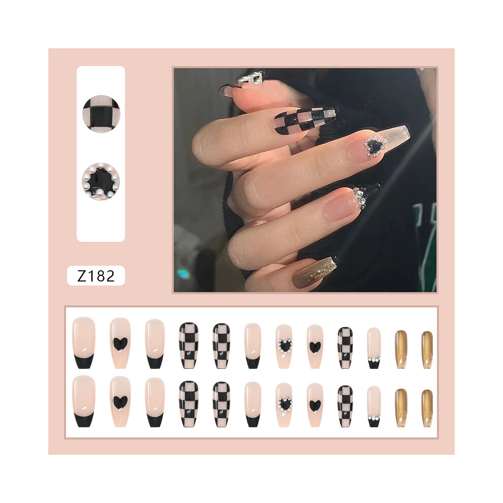 Dachuang Beauty (Jelly Glue Model) Black Checkerboard Fake Nails - Long Pointed