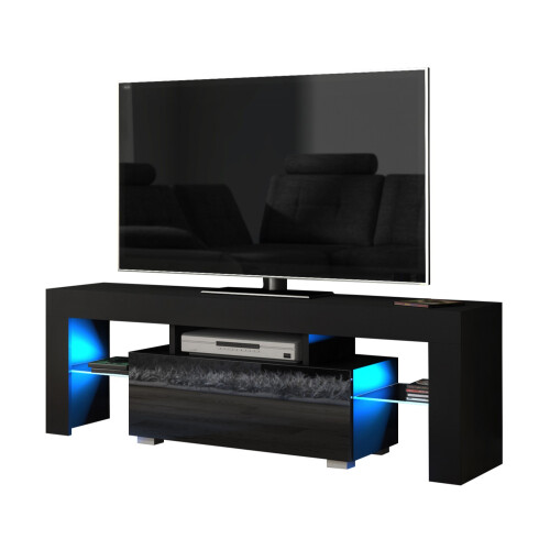 TV Unit Floe 130cm - Black with Gloss Doors and LED Lights 2