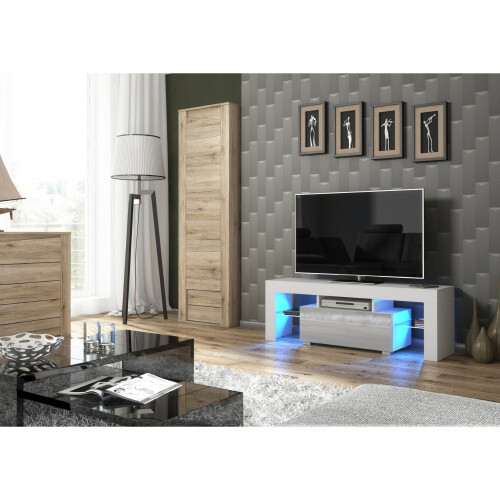 TV Unit Floe 130cm - White & Grey Gloss Doors and LED Lights 1