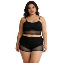 (XXL, Black) Womens Plus Size Shorts Outfit Slim Fit Dot Print Sheer Patchwork Spaghetti Strap Tops and Shorts 2 Pcs Set