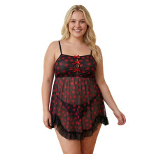 (XL, Black) Women's Sheer Nightdress, Plus Size Peach Heart Print Mesh Cami Dress Sleepwear Cutout Front Bow Lingerie Chemise