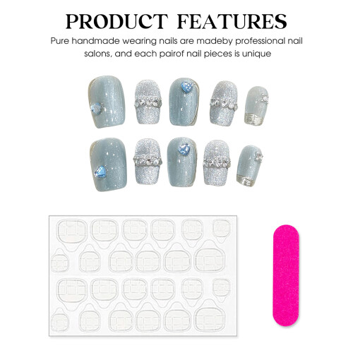 (S) Flash Cat Eye Blue Fake Nails - Long Lasting 2