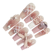 (M) Rhinestone Pink Plaid Fake Nails for Wedding & Party