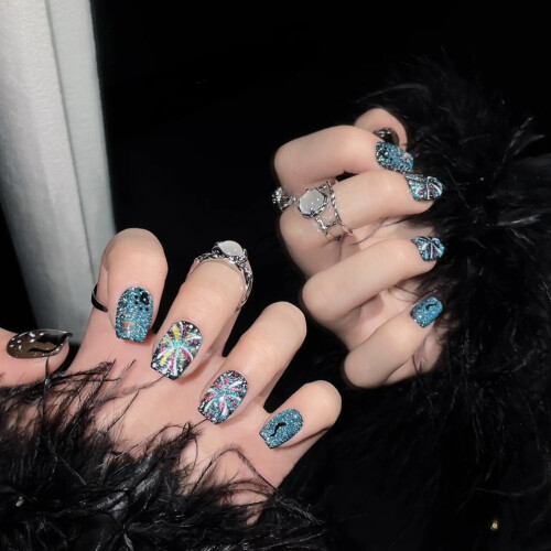 (L) Fireworks Cat Eye Fake Nails - Odorless & Comfortable 2
