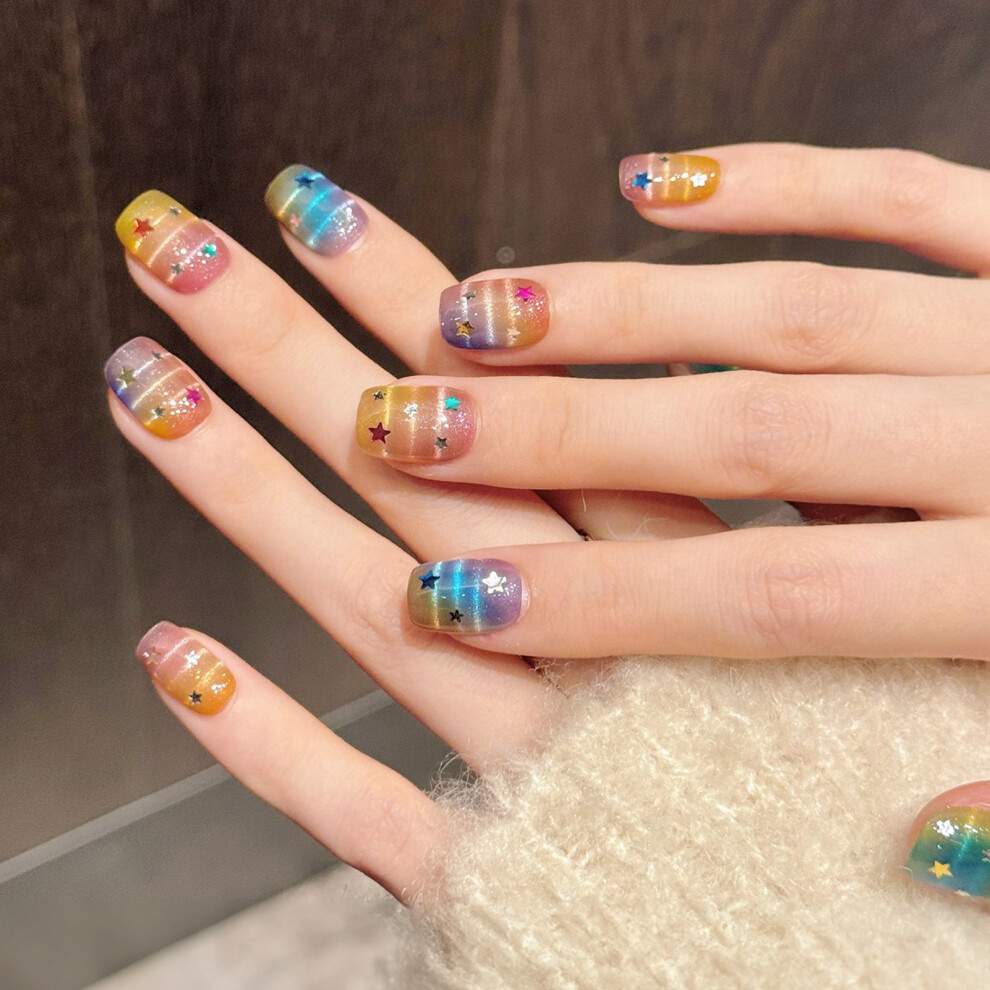 Hue-Grain (Xs) 10Pcs Rainbow Star Glitter False Nails For Party