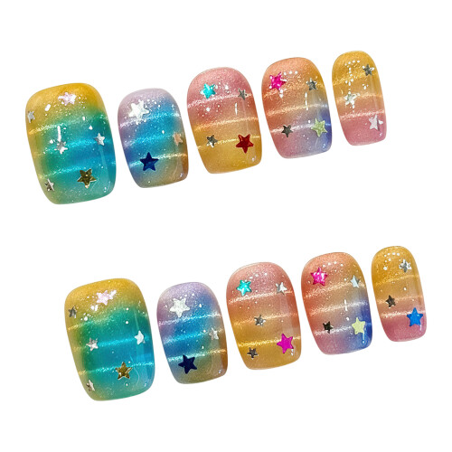 (M) Rainbow Gradient False Nails with Star Glitter, 10Pcs 1