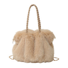(Khaki) Faux Fur Tote Bag for Women, Adjustable Strap