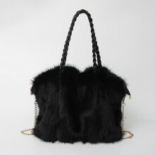 (Black) Faux Fur Tote Bag for Women, Adjustable Strap