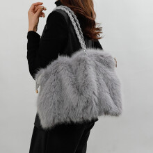 (Gray) Faux Fur Tote Bag for Women, Adjustable Strap