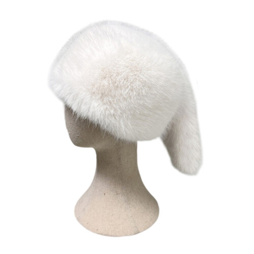 (White) Fur Hat with Tail, Warm Wool Hat for Holiday Gift