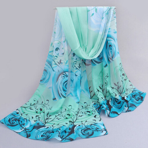 (Blue) Silk Scarf Rose Print Shawl Women\'s Soft Chiffon