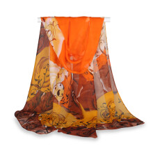 (Orange + Yellow) Silk Scarf Rose Print Shawl Women\'s Soft Chiffon