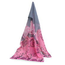 (Purple + Red) Silk Scarf Rose Print Shawl Women\'s Soft Chiffon