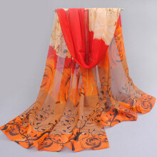 (Orange + Red) Silk Scarf Rose Print Shawl Women\'s Soft Chiffon
