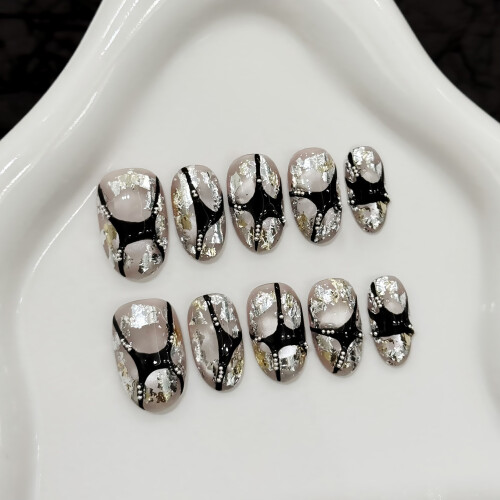 (L) 10PCS Glossy Sequins False Nails, Reusable DIY 2