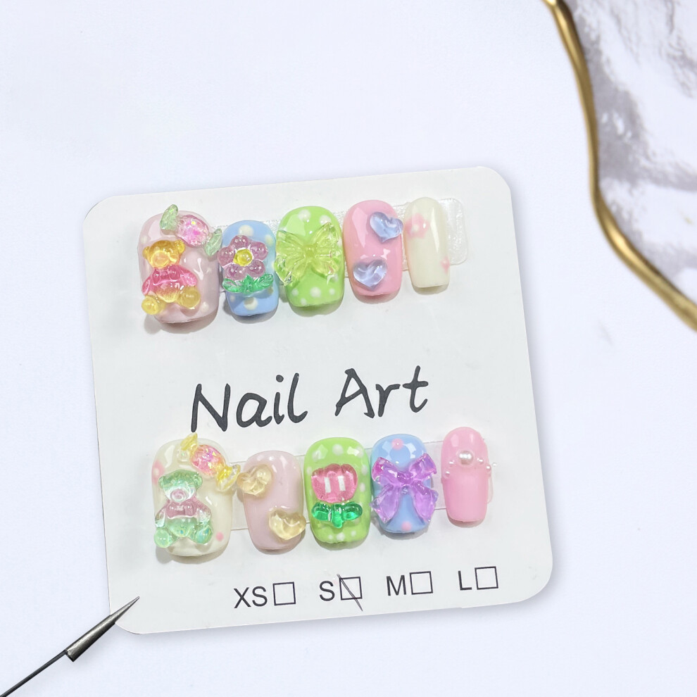 Bright-Home (B) Cartoon Theme Fake Nails With Bear Decor Durable & Never Splitting Comfort Fake Nails For Hot Girl Dress Matching
