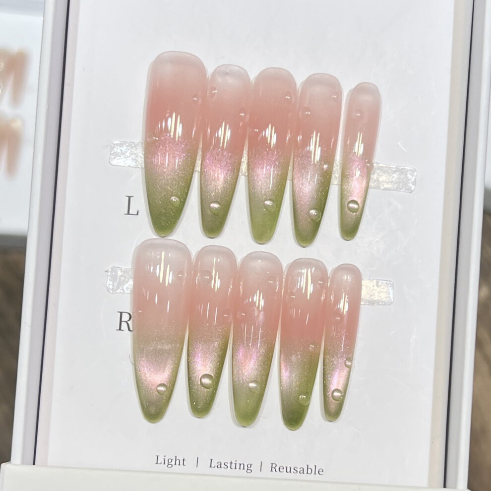 Bright-Home (Xs) Blush Pink Long Fake Nails With Cat Eyes Tip Resin Material Zero Pressure On Nail Bed For Working Dating Or Partying