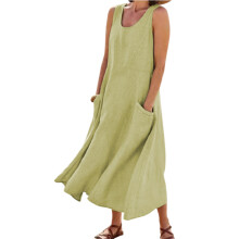 (Light Green, L) Boho Cotton Linen Tank Dress w/Pockets